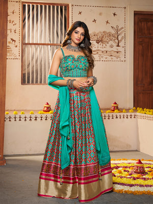 Rajwada Women Blue Silk Printed Semi Stitched Lehenga With Unstitched Blouse