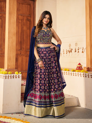 Rajwada Women Navy Blue  Silk Printed Semi Stitched Lehenga With Unstitched Blouse