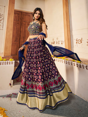Rajwada Women Navy Blue  Silk Printed Semi Stitched Lehenga With Unstitched Blouse