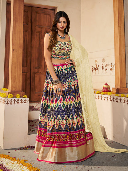 Rajwada Women Light Yellow Silk Printed Semi Stitched Lehenga With Unstitched Blouse