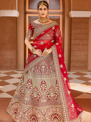 Rajwada Women Red Elegant  Semi Stitched Lehenga With  Stitched Blouse