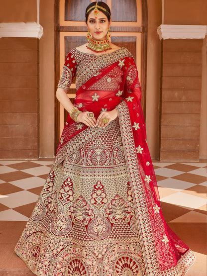 Rajwada Women Red Elegant  Semi Stitched Lehenga With  Stitched Blouse