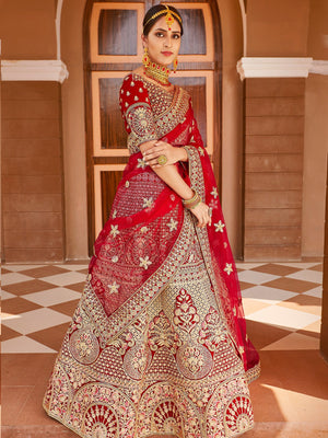 Rajwada Women Red Elegant  Semi Stitched Lehenga With  Stitched Blouse