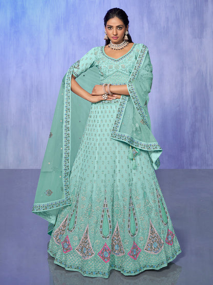 Rajwada Sea Green Embroidered Organza Semi Stitched Lehenga With Unstitched Blouse For Women