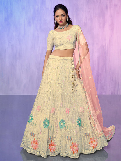 Rajwada Off White Embroidered Net Semi Stitched Lehenga With Unstitched Blouse  For Women