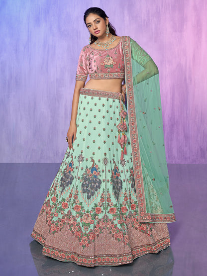 Rajwada Sea Green Embroidered Georgette Semi Stitched Lehenga With Unstitched Blouse For Women