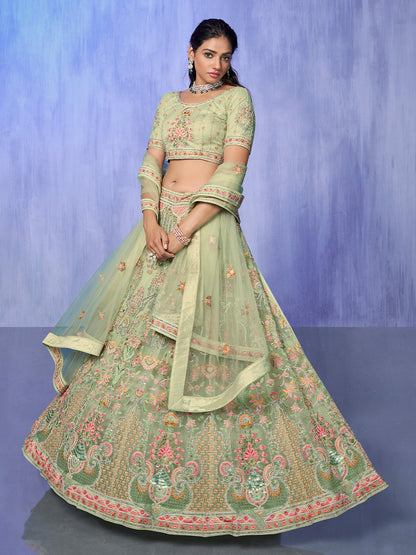 Rajwada Green Embroidered Net Semi Stitched Lehenga With Unstitched Blouse  For Women