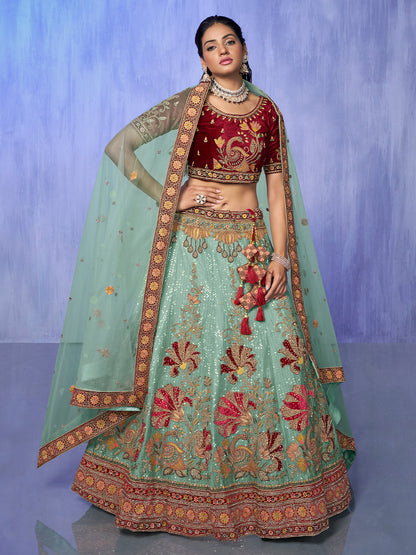 Rajwada Sea Green Embroidered Organza  Semi Stitched Lehenga With Unstitched Blouse  For Women