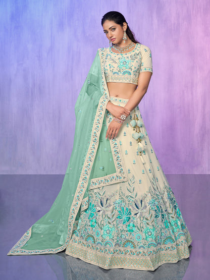 Rajwada Off White Embroidered georgette Semi Stitched Lehenga With Unstitched Blouse  For Women