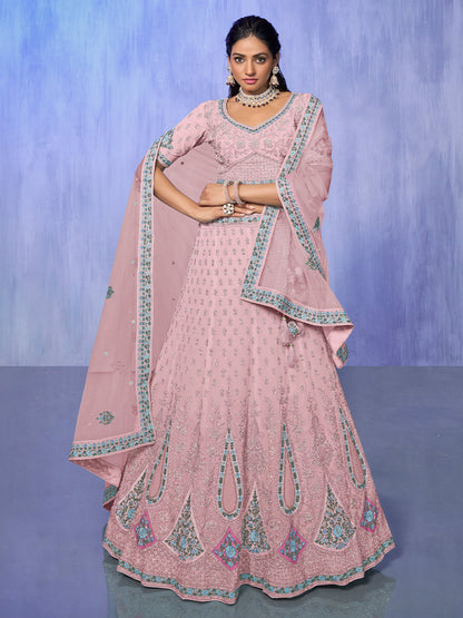 Rajwada Pink Embroidered Georgette Semi Stitched Lehenga With Unstitched Blouse  For Women