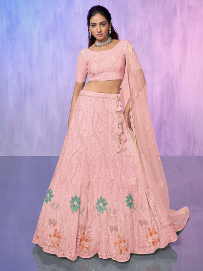 Rajwada Peach Embroidered Net Semi Stitched Lehenga With Unstitched Blouse  For Women