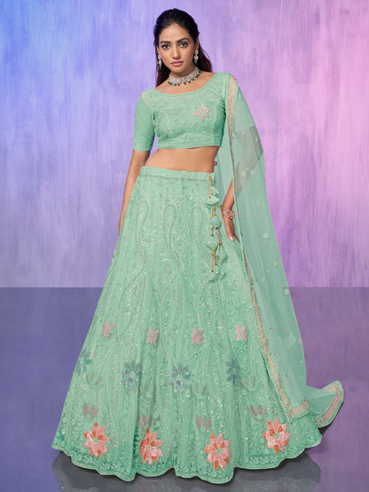 Rajwada Sea Green Embroidered Net Semi Stitched Lehenga With Unstitched Blouse For Women