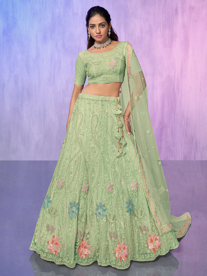 Rajwada Sea Green Embroidered Net Semi Stitched Lehenga With Unstitched Blouse For Women
