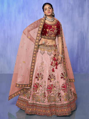 Rajwada Peach Embroidered Velvet Semi Stitched Lehenga With Unstitched Blouse For Women