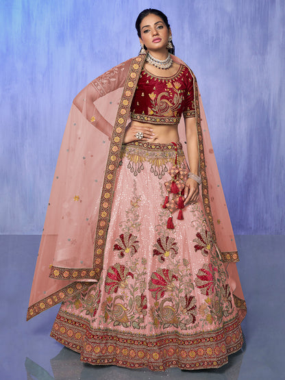 Rajwada Peach Embroidered Velvet Semi Stitched Lehenga With Unstitched Blouse For Women