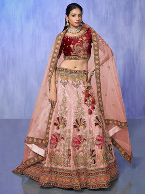 Rajwada Peach Embroidered Velvet Semi Stitched Lehenga With Unstitched Blouse For Women