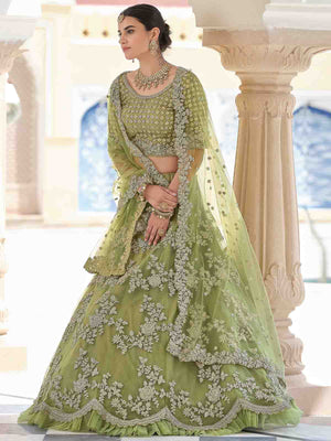 Rajwada Women Stylish Oilve Soft Net Semi Stitched Lehenga With Unstitched Blouse