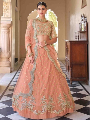 Rajwada Women Pretty Peach Soft Net Semi Stitched Lehenga With Unstitched Blouse