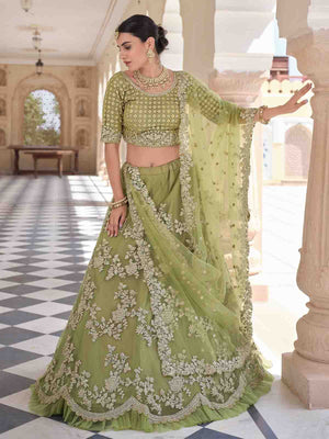Rajwada Women Stylish Oilve Soft Net Semi Stitched Lehenga With Unstitched Blouse