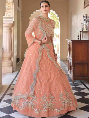 Rajwada Women Pretty Peach Soft Net Semi Stitched Lehenga With Unstitched Blouse
