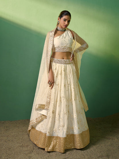 Rajwada Women Beige Embroidered Semi Stitched Lehenga With Unstitched Blouse