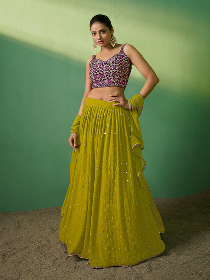 Rajwada Women Green Embroidered Semi Stitched Lehenga With Unstitched Blouse