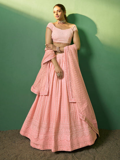Rajwada Women Peach Embroidered Semi Stitched Lehenga With Unstitched Blouse