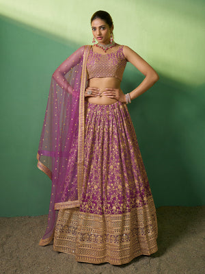 Rajwada Women Lavender Embroidered Gerorgette Semi Stitched Lehenga With Unstitched Blouse