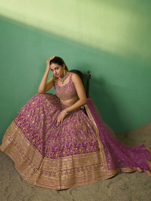 Rajwada Women Lavender Embroidered Gerorgette Semi Stitched Lehenga With Unstitched Blouse