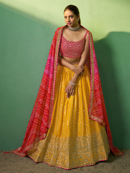 Rajwada Women Yellow Embroidered Semi Stitched Lehenga With Unstitched Blouse