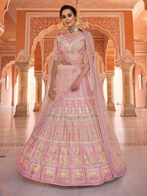 Rajwada Women Pink Thread, Gota Semi Stitched Lehenga With Unstitched Blouse