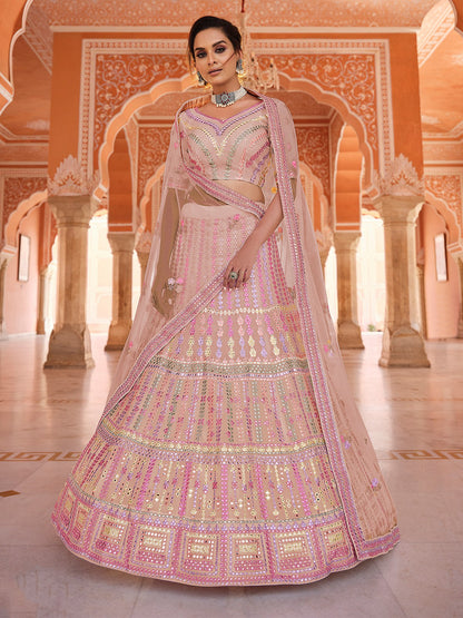 Rajwada Women Pink Thread, Gota Semi Stitched Lehenga With Unstitched Blouse