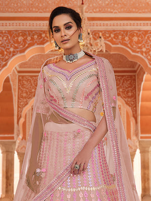 Rajwada Women Pink Thread, Gota Semi Stitched Lehenga With Unstitched Blouse