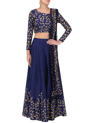 Rajwada Women Dark Blue Art Silk Embroidered Semi Stitched Lehenga With Unstitched Blouse