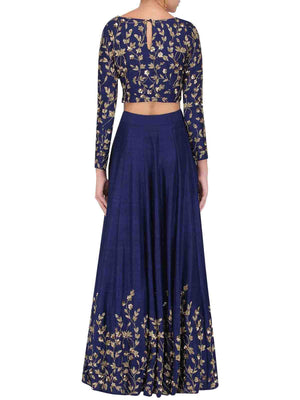 Rajwada Women Dark Blue Art Silk Embroidered Semi Stitched Lehenga With Unstitched Blouse