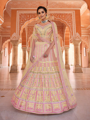 Rajwada Women Yellow Embroidered Organza Semi Stitched Lehenga With Unstitched Blouse