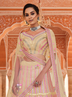 Rajwada Women Yellow Embroidered Organza Semi Stitched Lehenga With Unstitched Blouse