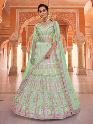 Rajwada Women Green Embroidered Organza Semi Stitched Lehenga With Unstitched Blouse