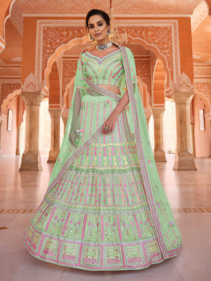 Rajwada Women Green Embroidered Organza Semi Stitched Lehenga With Unstitched Blouse