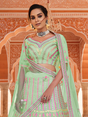 Rajwada Women Green Embroidered Organza Semi Stitched Lehenga With Unstitched Blouse