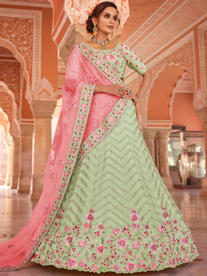 Rajwada Women Green Embroidered Georgette Semi Stitched Lehenga With Unstitched Blouse
