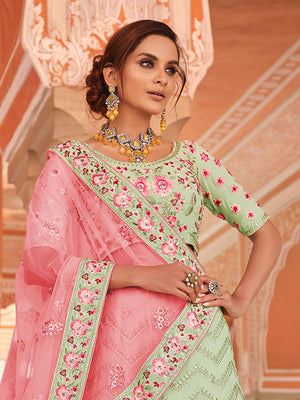 Rajwada Women Green Embroidered Georgette Semi Stitched Lehenga With Unstitched Blouse