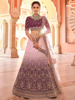 Rajwada Women Purple Embroidered Velvet Semi Stitched Lehenga With Unstitched Blouse