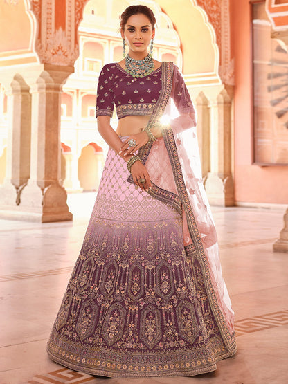 Rajwada Women Purple Embroidered Velvet Semi Stitched Lehenga With Unstitched Blouse