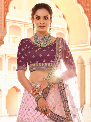 Rajwada Women Purple Embroidered Velvet Semi Stitched Lehenga With Unstitched Blouse