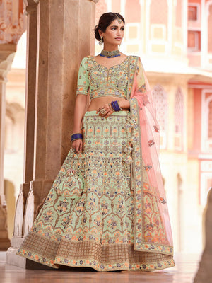 Rajwada Women Green Embroidered Crepe Semi Stitched Lehenga With Unstitched Blouse