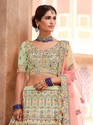 Rajwada Women Green Embroidered Crepe Semi Stitched Lehenga With Unstitched Blouse