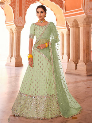 Rajwada Women Green Embroidered Art Silk Semi Stitched Lehenga With Unstitched Blouse