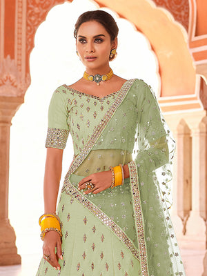 Rajwada Women Green Embroidered Art Silk Semi Stitched Lehenga With Unstitched Blouse