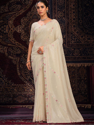 Rajwada Off white Embellished Georgette Saree With unstitched Blouse For Women